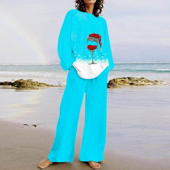 Sevevn Lounge Sets for Women Women's Casual Christmas Printed Long Sleeved Round Neck Top With Pants Set Great Gifts for Less