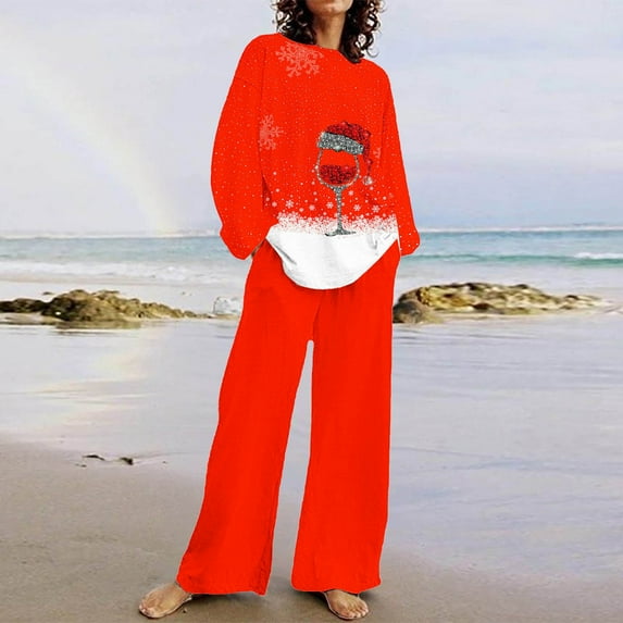 Sevevn Lounge Sets for Women Women's Casual Christmas Printed Long Sleeved Round Neck Top With Pants Set Great Gifts for Less