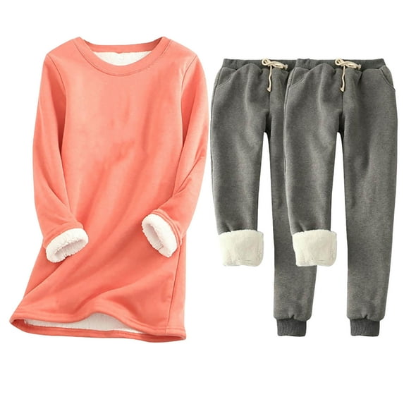 Sevevn Lounge Sets for Women Women's Solid Round Neck With Thickened Insulation Long Sleeved 1 Top and Pocket Thickened 2 Pants Set Gift for Adults