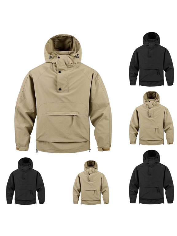Men Anorak Jacket Half Zip Up Hood Regular Fit Waterproof Mesh Lined Fabric Snap Placket Front Kangaroo Zip Pocket Cuffs Drawstring Hem For Hiking Wear