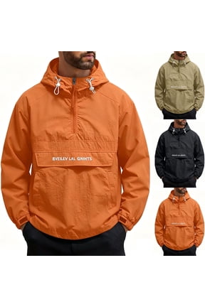 Men Anorak Jacket Half Zip Hooded Regular Fit Lightweight Windproof Fabric Front Kangaroo Pocket Drawstring Hood Elastic Cuffs For Hiking Travel Casual Wear
