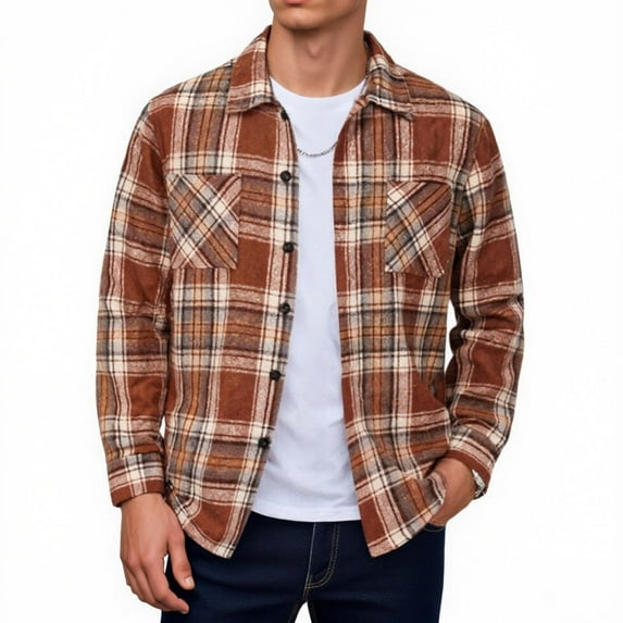 Sevevn Men Casual Fashion Plaid Button Long Sleeve Turndown Blouse Shirt Brown XXL