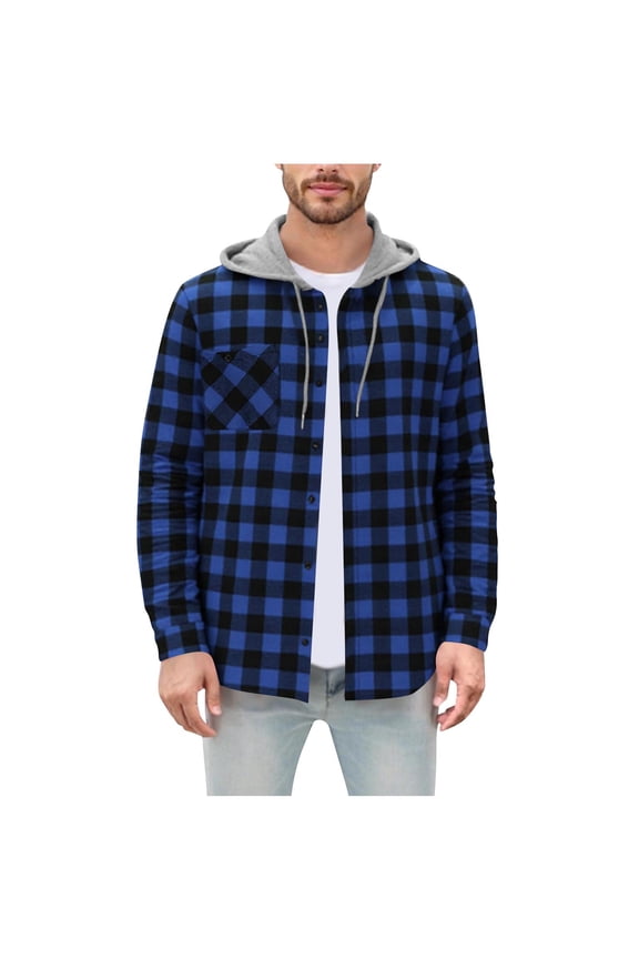Men Casual Patchwork Fashion Plaid Hooded Button Long Sleeve Shirt Blouse Blue XXL