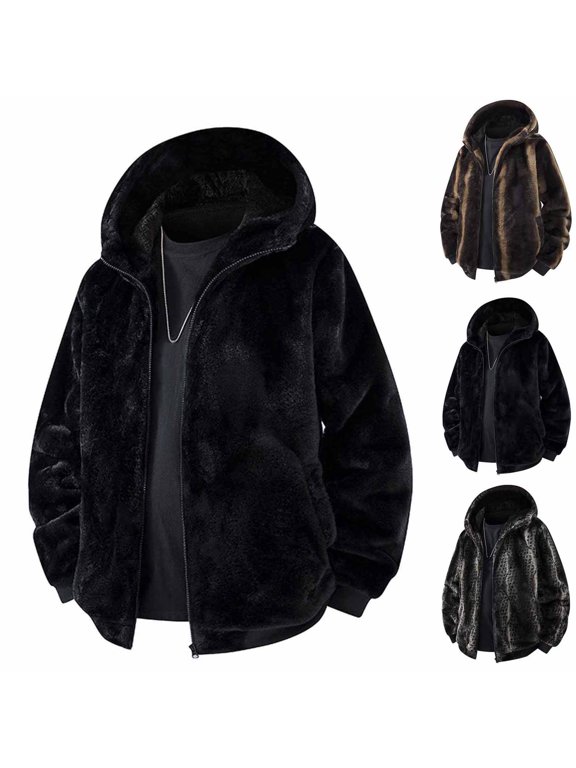 Men Faux Fur Hooded Jacket Full Zip Up Hooded Regular Fit Plush Faux Fur Fabric Side Pockets Ribbed Cuffs For Winter Casual Street Wear