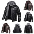thumbnail image 1 of Sevevn Men Faux Leather Jacket Full Zip Up Detachable Knit Hood Regular Fit Faux Leather Fabric Chest Zip Pocket Side Zip Pockets Straight Cuffs For Casual Wear, 1 of 7
