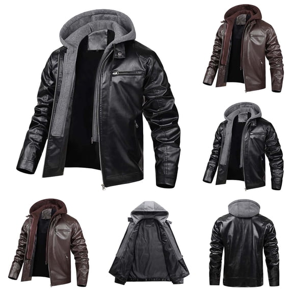Sevevn Men Faux Leather Jacket Full Zip Up Detachable Knit Hood Regular Fit Faux Leather Fabric Chest Zip Pocket Side Zip Pockets Straight Cuffs For Casual Wear