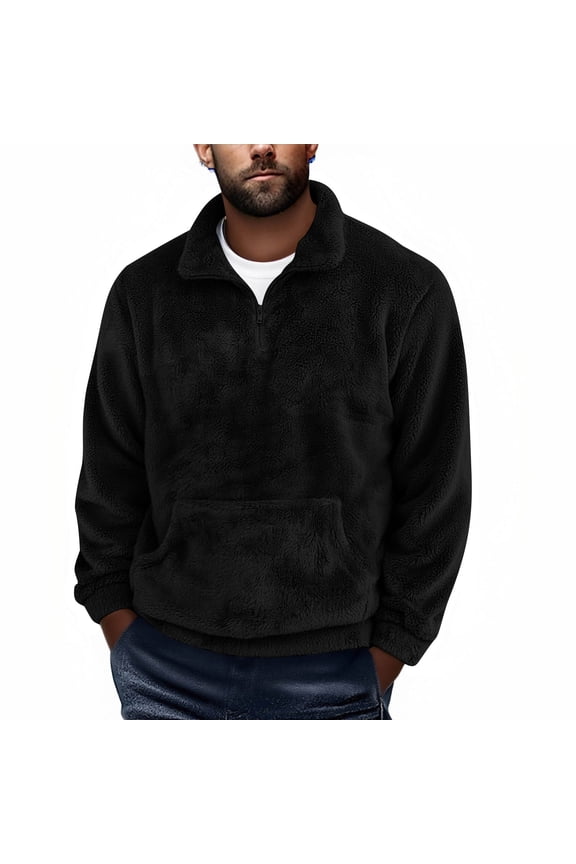 Men Fleece Pullover Half Zip Sweatshirt Warm Sherpa Mock Neck Jacket with Pocket Soft Plush Winter Casual Outerwear Black 2XL