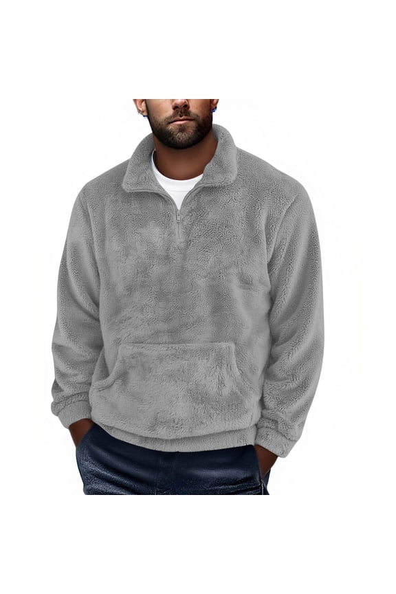 Men Fleece Pullover Half Zip Sweatshirt Warm Sherpa Mock Neck Jacket with Pocket Soft Plush Winter Casual Outerwear Gray L