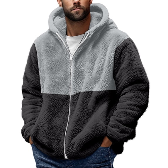 Sevevn Men Fuzzy Sherpa Zip Up Hoodie Jacket Warm Color Block Plush Fleece Sweatshirt with Pockets Winter Casual Outerwear Coat Black XL
