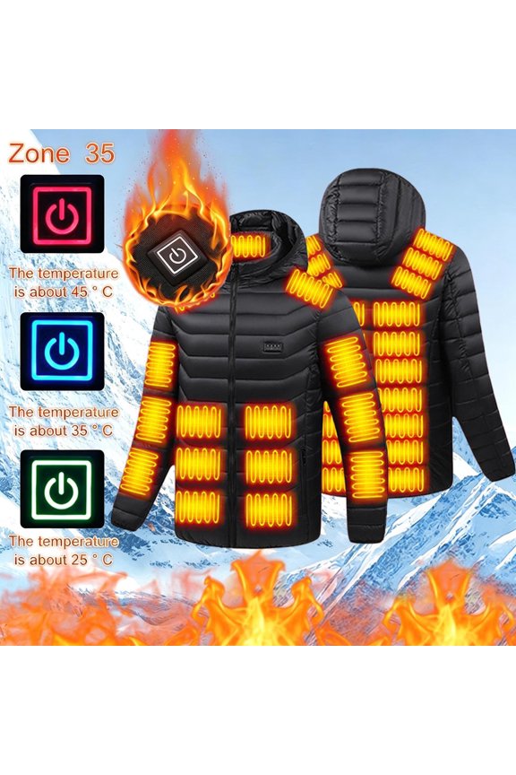 Men Heated Puffer Jacket Full Zip Up Hooded Regular Fit 35 Heating Zones 3 Temperature Levels Quilted Fabric Side Zip Pockets USB Powered For Winter Outdoor Wear