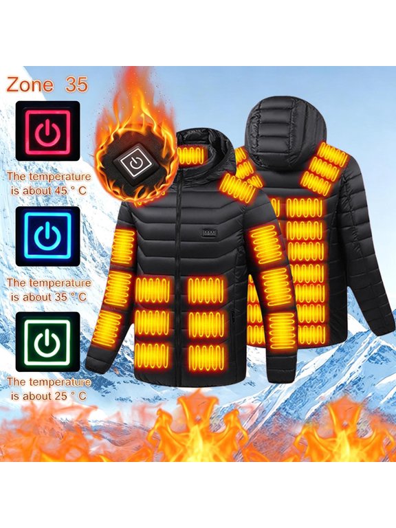 Men Heated Puffer Jacket Full Zip Up Hooded Regular Fit 35 Heating Zones 3 Temperature Levels Quilted Fabric Side Zip Pockets USB Powered For Winter Outdoor Wear