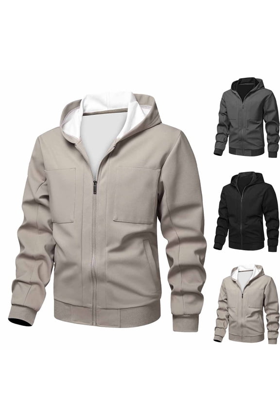 Men Hooded Utility Jacket Full Zip Up Hooded Regular Fit Smooth Woven Fabric Dual Chest Patch Pockets Side Pockets Ribbed Cuffs And Hem For Daily Casual Wear
