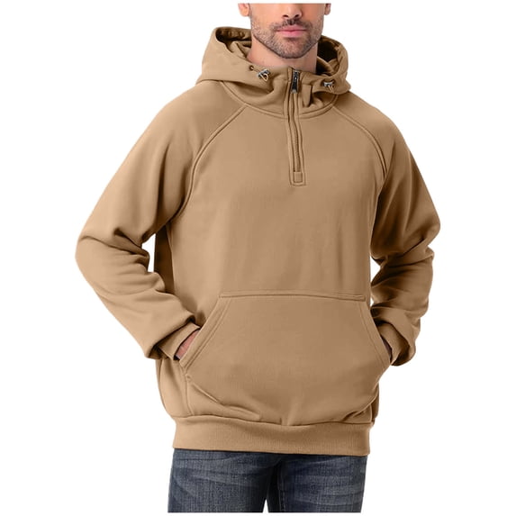 Sevevn Men Hoodie Pullover Half Zip Warm Hooded Sweatshirt with Pocket Thick Casual Winter Outerwear for Work Outdoor Wear Khaki S