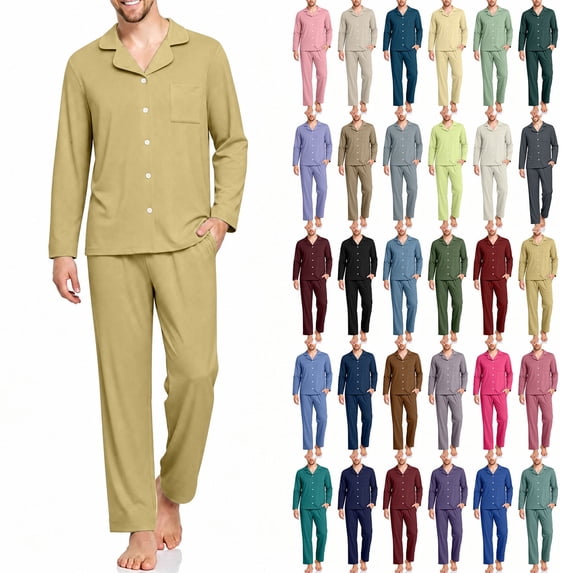 Sevevn Men Pajama Set Button Down Notch Collar Long Sleeve Top And Long Pants Soft Knit Fabric Chest Pocket Elastic Waist For Sleepwear Lounge Wear