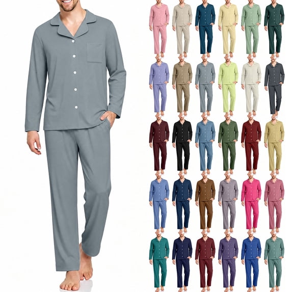 Sevevn Men Pajama Set Button Down Notch Collar Long Sleeve Top And Long Pants Soft Knit Fabric Chest Pocket Elastic Waist For Sleepwear Lounge Wear