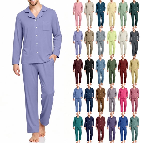 Sevevn Men Pajama Set Button Down Notch Collar Long Sleeve Top And Long Pants Soft Knit Fabric Chest Pocket Elastic Waist For Sleepwear Lounge Wear