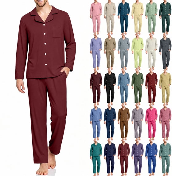 Sevevn Men Pajama Set Button Down Notch Collar Long Sleeve Top And Long Pants Soft Knit Fabric Chest Pocket Elastic Waist For Sleepwear Lounge Wear