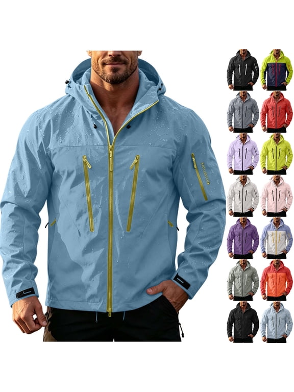 Men Rain Jacket Attached Hood Regular Fit Waterproof Shell Fabric Full Zip Dual Chest Zip Pockets Arm Zip Pocket Cuffs Drawstring Hem For Hiking Wear