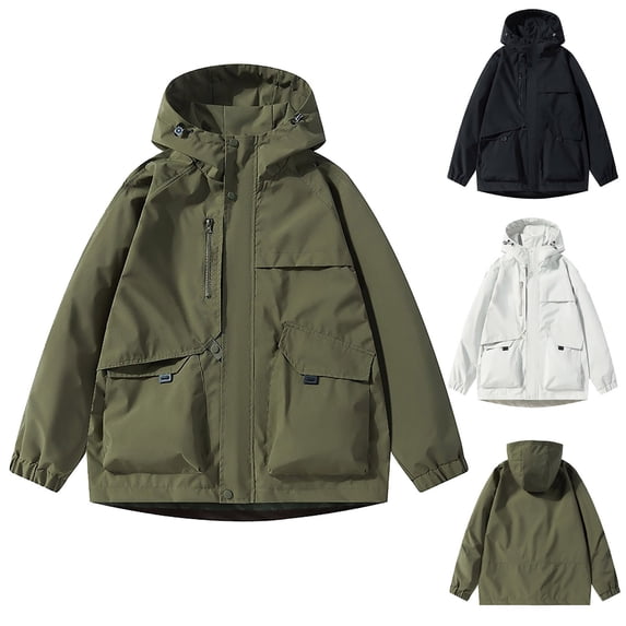 Sevevn Men Rain Jacket Attached Hood Regular Fit Waterproof Shell Fabric Zip And Snap Placket Chest Zip Pocket Dual Lower Flap Pockets For Hiking Camping Outdoor Wear