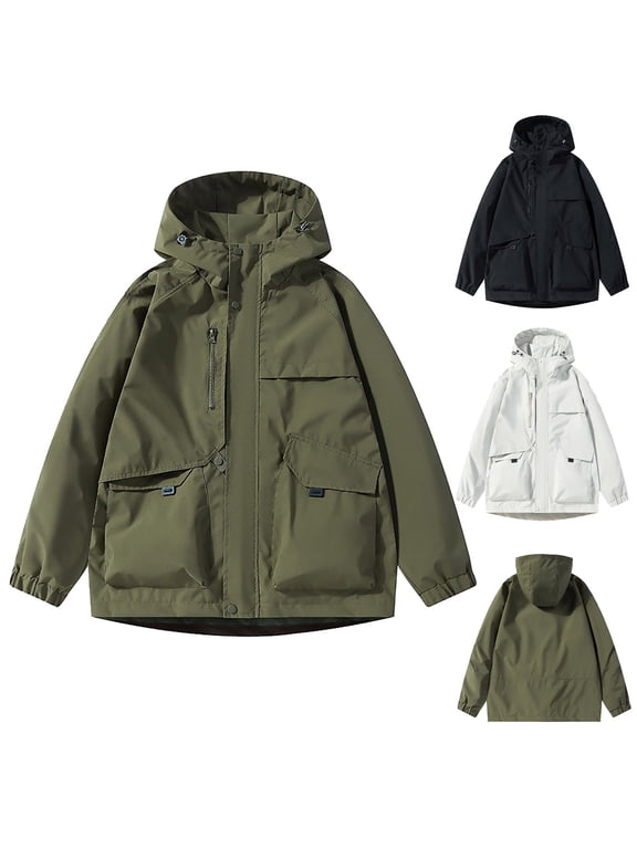 Men Rain Jacket Attached Hood Regular Fit Waterproof Shell Fabric Zip And Snap Placket Chest Zip Pocket Dual Lower Flap Pockets For Hiking Camping Outdoor Wear