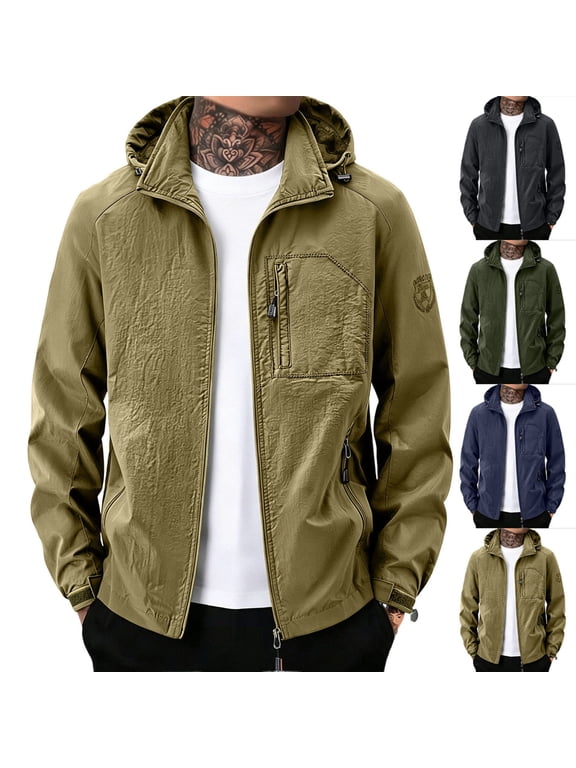 Men Utility Jacket Full Zip Up Hooded Regular Fit Crinkled Nylon Fabric Chest Zip Pocket Side Zip Pockets Cuffs Embroidered Patch For Casual Wear