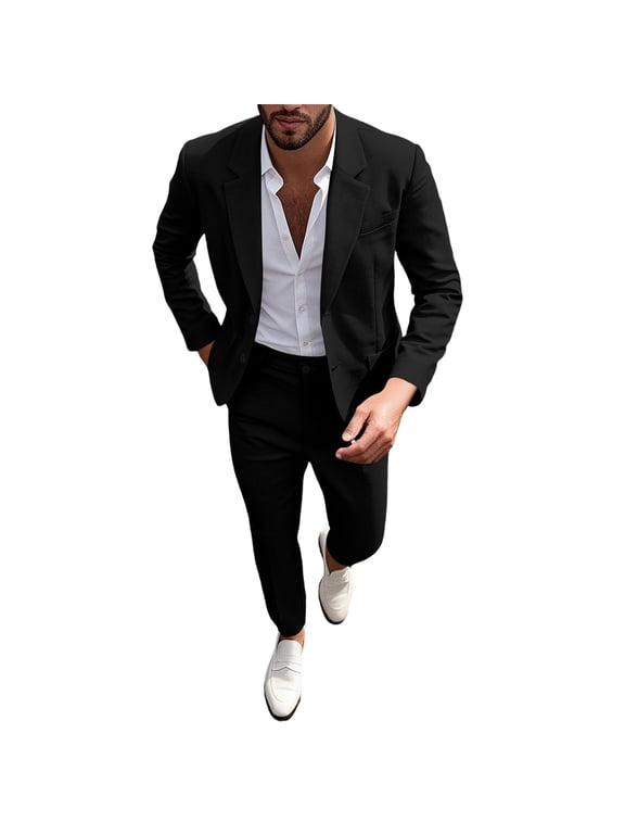 Men's 2 Piece Linen Blend Suit Set Notch Lapel Single Button Blazer and Slim Dress Pants Casual Summer Business Outfit Black M