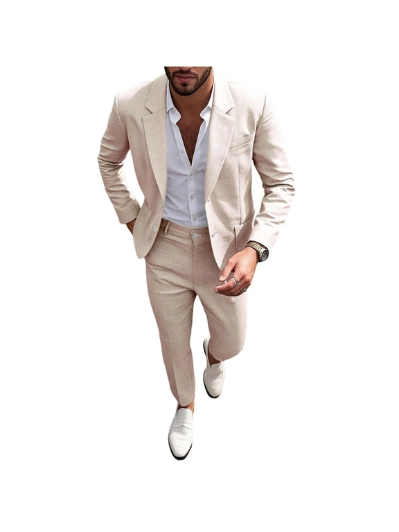 Men's 2 Piece Linen Blend Suit Set Notch Lapel Single Button Blazer and Slim Dress Pants Casual Summer Business Outfit Khaki S
