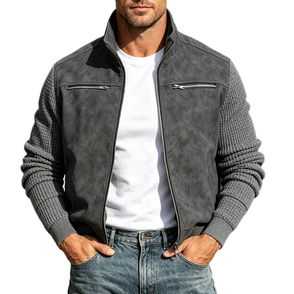 Sevevn Men's Contrast Knit Sleeve Suede Bomber Jacket Stand Collar Zip Up Rib Cuff Lightweight Casual Outerwear Gray XL