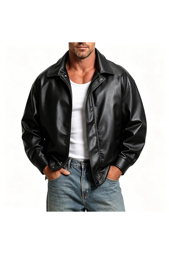 Men's Faux Leather Jacket Lapel Collar Zip Up Casual Motorcycle Biker Coat with Pockets Black 2XL