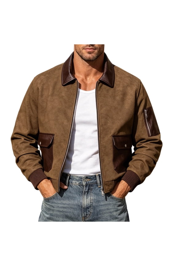 Men's Faux Suede Bomber Jacket Leather Collar Patchwork Full Zip Flight Coat with Pockets Brown 2XL