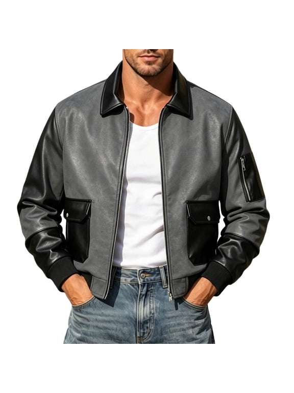 Men's Faux Suede Bomber Jacket Leather Collar Patchwork Full Zip Flight Coat with Pockets Gray M