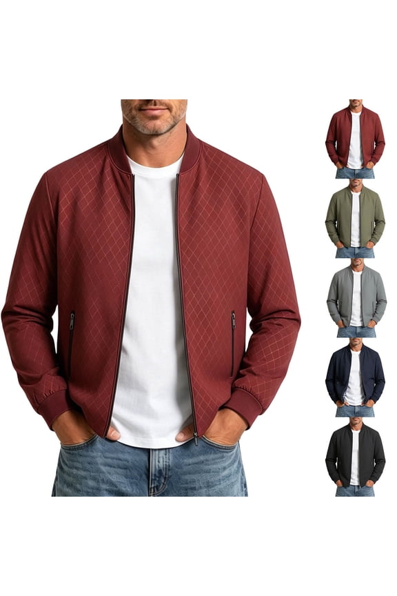 Men's Grid Print Bomber Jacket Zip Up Baseball Collar Lightweight Casual Coat with Pockets Red L