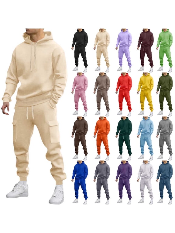 Men's Hoodie & Cargo Jogger Set Casual Athletic Tracksuit with Pocketed Pants Comfortable Everyday Outfit for Adults Beige XXL