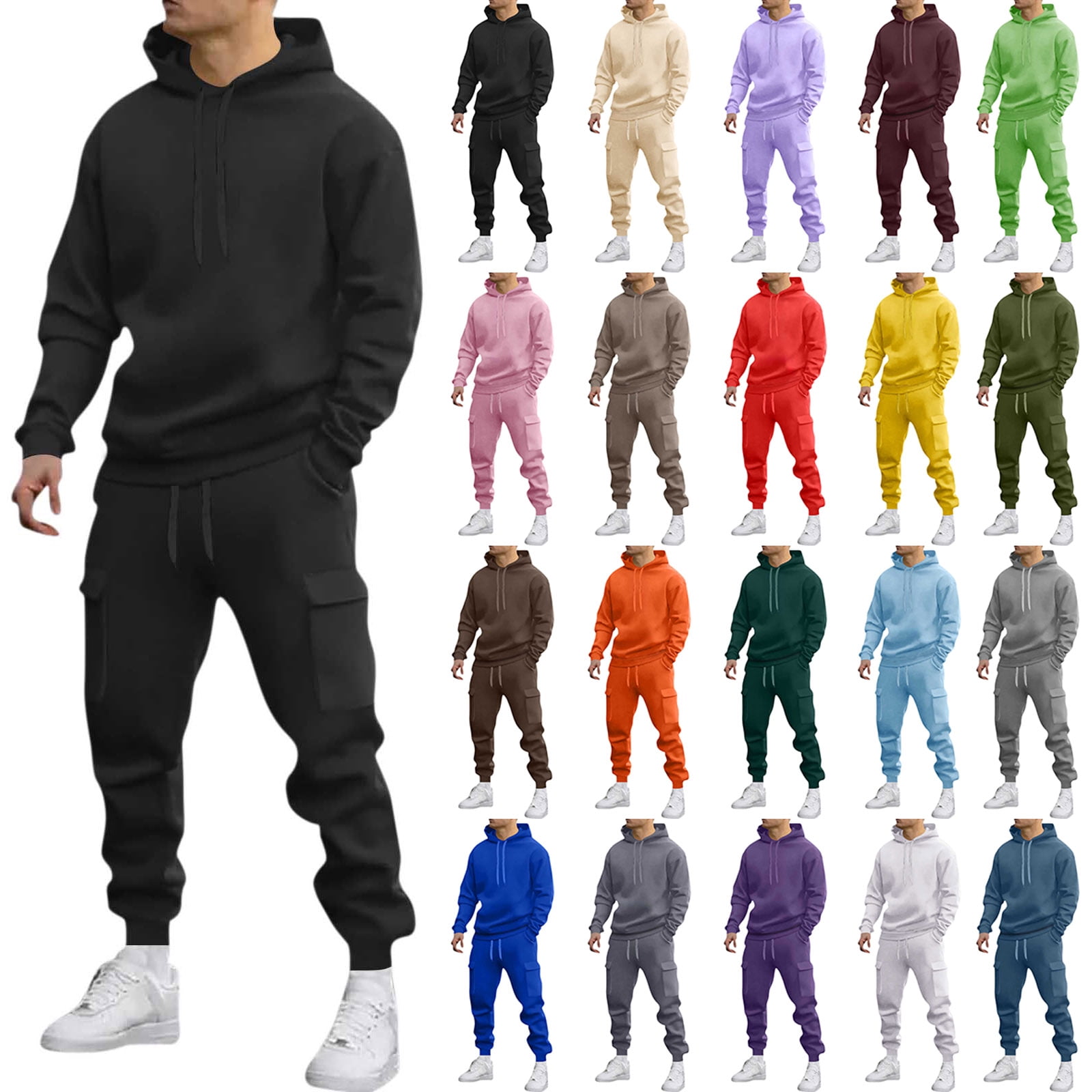 Men's Hoodie & Cargo Jogger Set Casual Athletic Tracksuit with Pocketed Pants Comfortable Everyday Outfit for Adults Black S