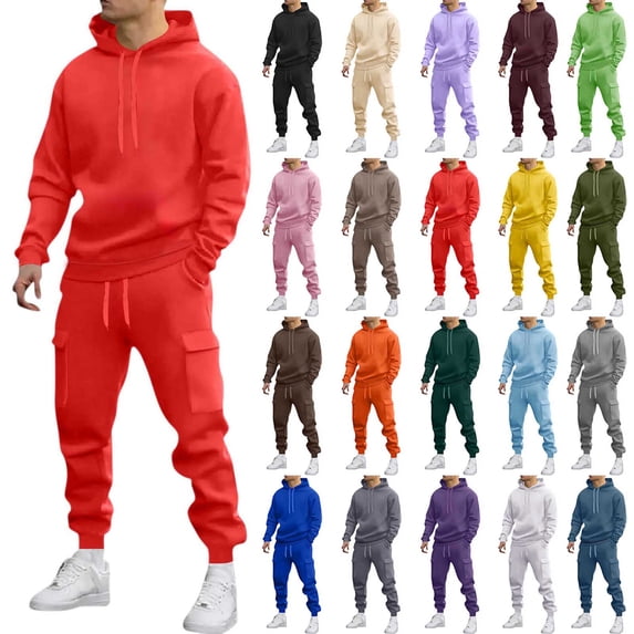 Sevevn Men's Hoodie & Cargo Jogger Set Casual Athletic Tracksuit with Pocketed Pants Comfortable Everyday Outfit for Adults Red L