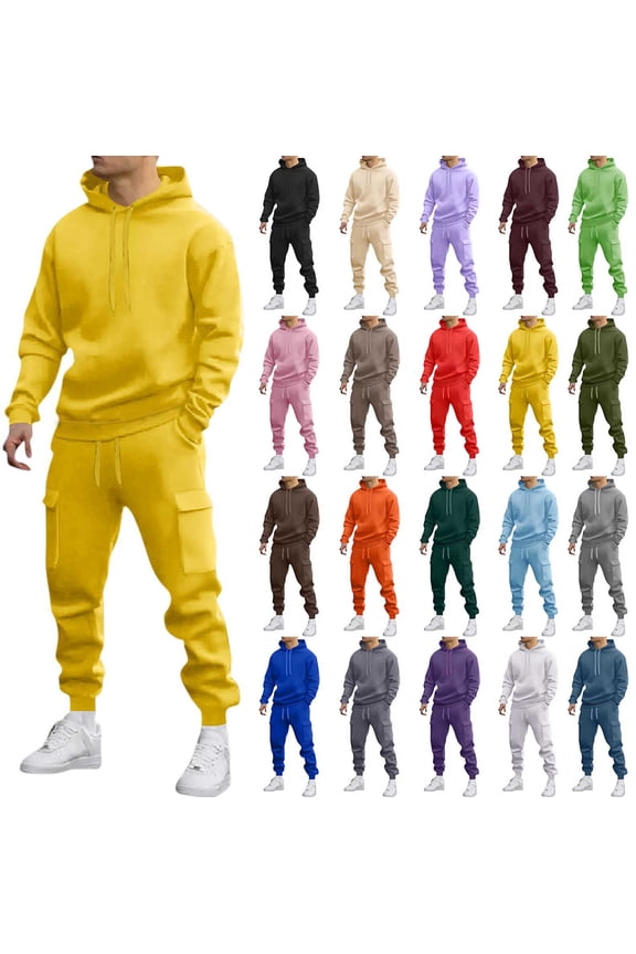 Men's Hoodie & Cargo Jogger Set Casual Athletic Tracksuit with Pocketed Pants Comfortable Everyday Outfit for Adults Yellow S