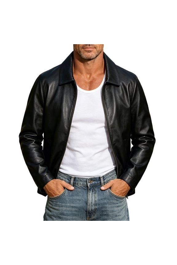 Men's Lapel Collar Faux Leather Jacket Full Zip Casual Minimalist Moto Biker Coat with Pockets Black XL