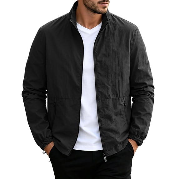 Sevevn Men's Lightweight Stand Collar Windbreaker Jacket Zip Long Sleeve Zipper Pocket Elastic Cuff Casual Spring Fall Outerwear Coat Black M