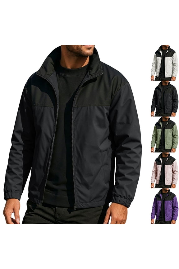 Men’s Lightweight Windbreaker Jacket Casual Full Zip Outdoor Coat Water Resistant Windproof Stand Collar Hiking Travel Utility Bomber Jacket with Pockets Black XL