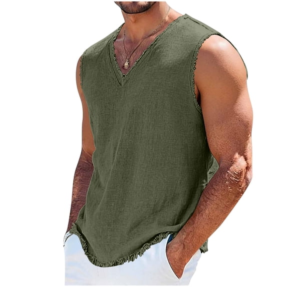 Sevevn Men's Linen-Look V-Neck Sleeveless Tank Top Workout Casual Vest Army Green M
