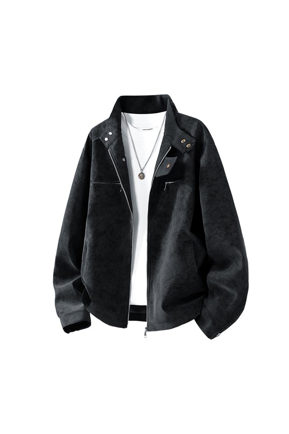 Men's Oversized Faux Suede Bomber Jacket Stand Collar Epaulet Zip Up Multi Pocket Loose Vintage Windproof Outerwear Coat Black L