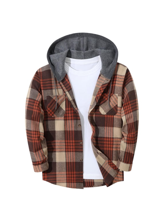 Men's Plaid Flannel Shirt Hooded Jacket Long Sleeve Button Dual Pocket Loose Casual Fall Shacket Outerwear Coat Brown XL