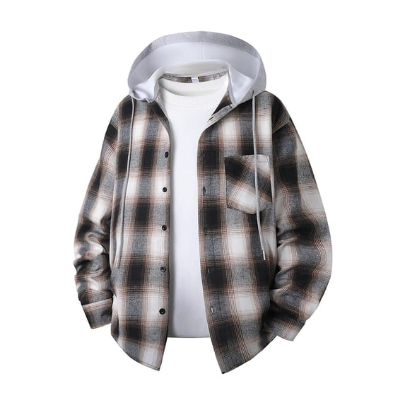 Sevevn Men's Plaid Flannel Shirt Hooded Jacket Long Sleeve Button Dual Pocket Loose Casual Fall Shacket Outerwear Coat Khaki 4XL