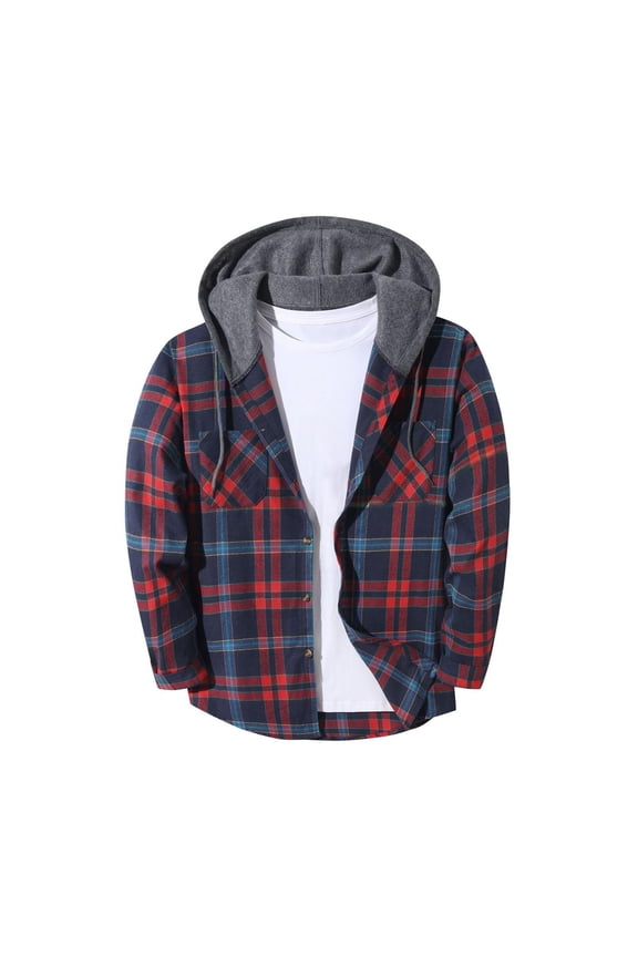 Men's Plaid Flannel Shirt Hooded Jacket Long Sleeve Button Dual Pocket Loose Casual Fall Shacket Outerwear Coat Navy XL