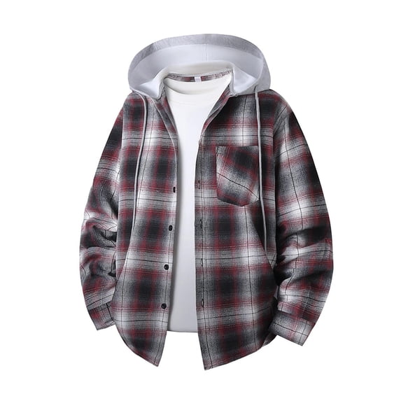 Sevevn Men's Plaid Flannel Shirt Hooded Jacket Long Sleeve Button Dual Pocket Loose Casual Fall Shacket Outerwear Coat Red 3XL