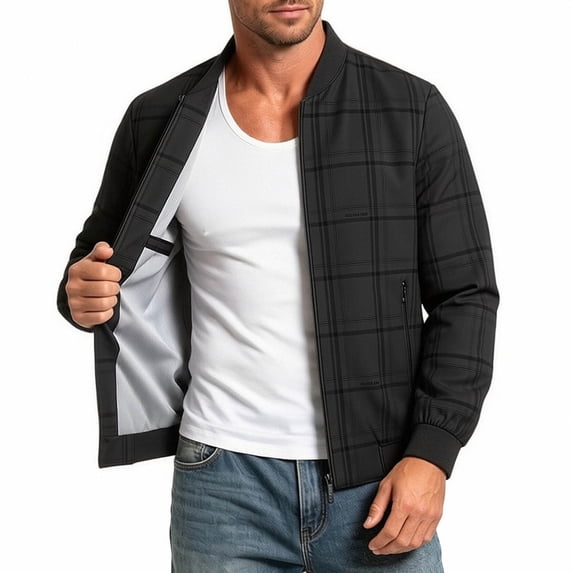 Sevevn Men's Plaid Print Bomber Jacket Zip Up Baseball Collar Lightweight Lined Casual Flight Coat with Pockets Black XL