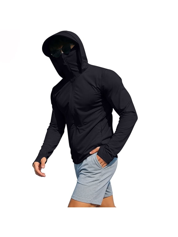Men's Sun Protection Hoodie with Mask Full Zip Long Sleeve Rash Guard Lightweight Quick Dry Fishing Hiking Running Shirt Black L