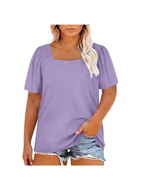Plus Size Tops for Women Summer Shirts Short Sleeve Tunics Casual Square Neck Blouses Purple 4XL