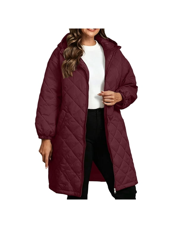 Plus Size Women's Quilted Long Hooded Coat Zip Up Elastic Cuff Loose Winter Jacket With Pockets Wine 2XL