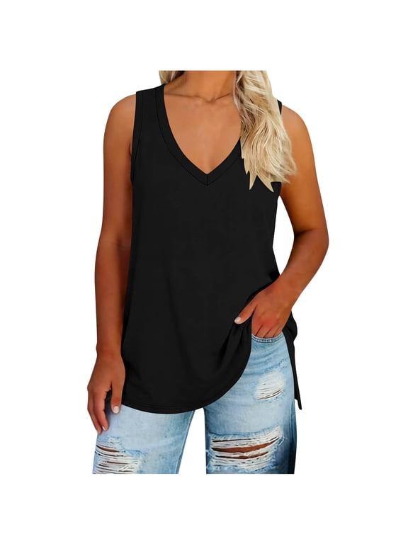 Plus Size Women's V-Neck Sleeveless Tank Tops Loose Side Split Casual Tunic Shirts Black 2XL